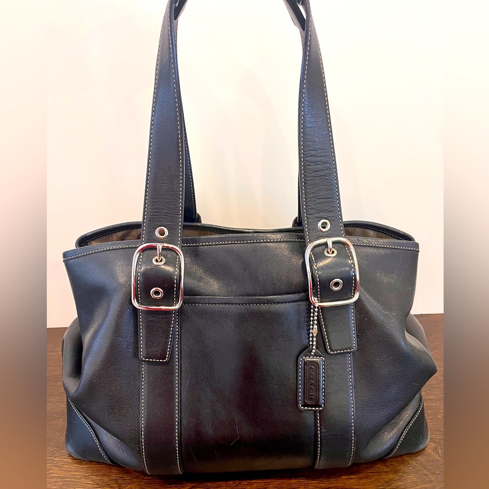 Coach Black Grain Leather Large Silver Tone accents Buckles 7582 Handbag